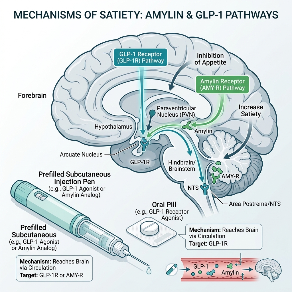 Subcutaneous pen and oral pill with amylin brain satiety diagram
