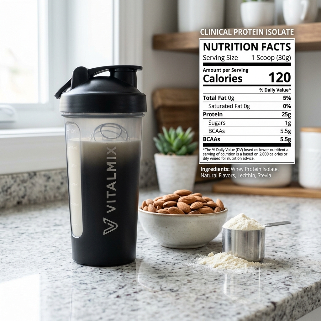High-quality protein shake next to fresh ingredients and a compounded semaglutide vial, representing muscle preservation during weight loss