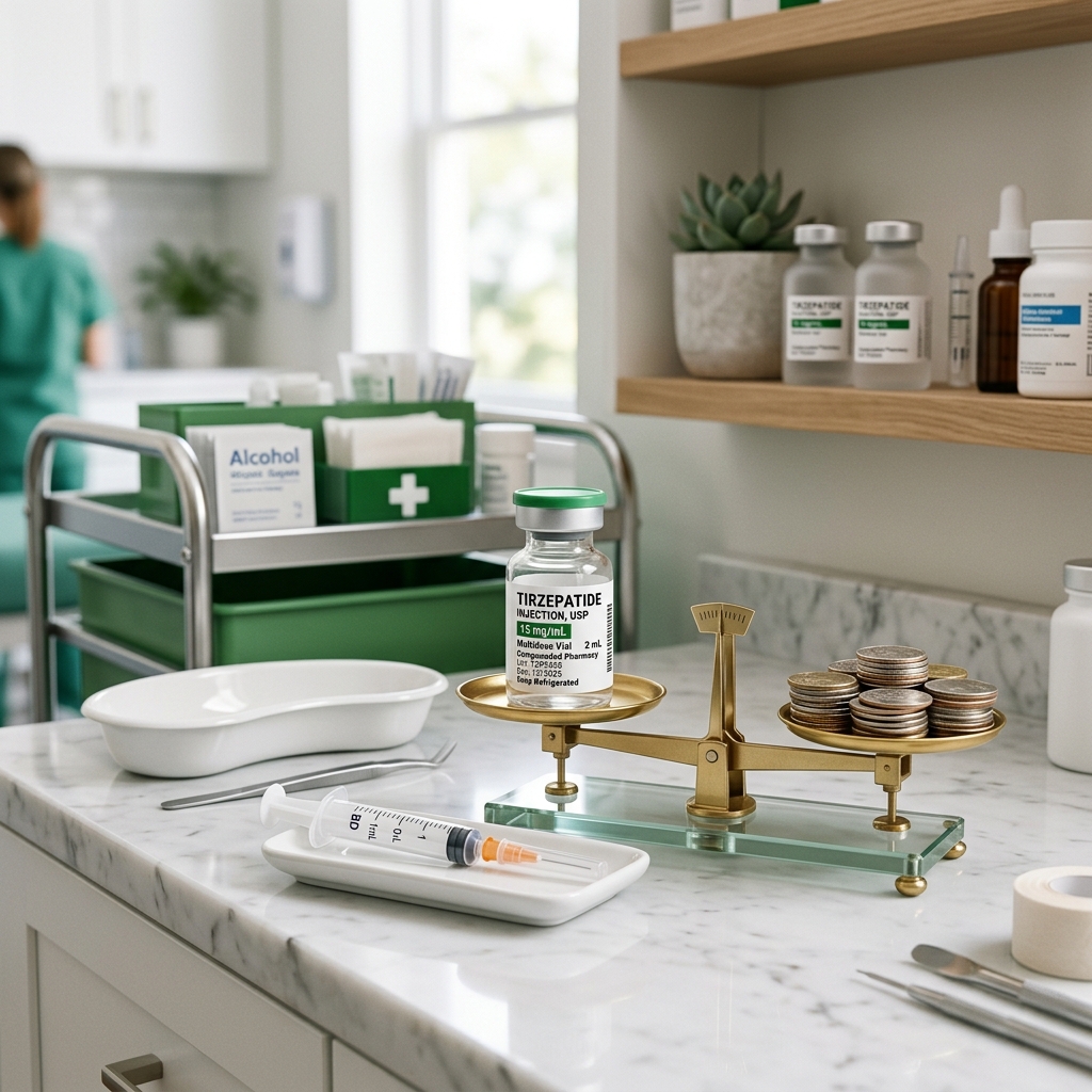 Compounded tirzepatide vial next to medical syringe and savings scale