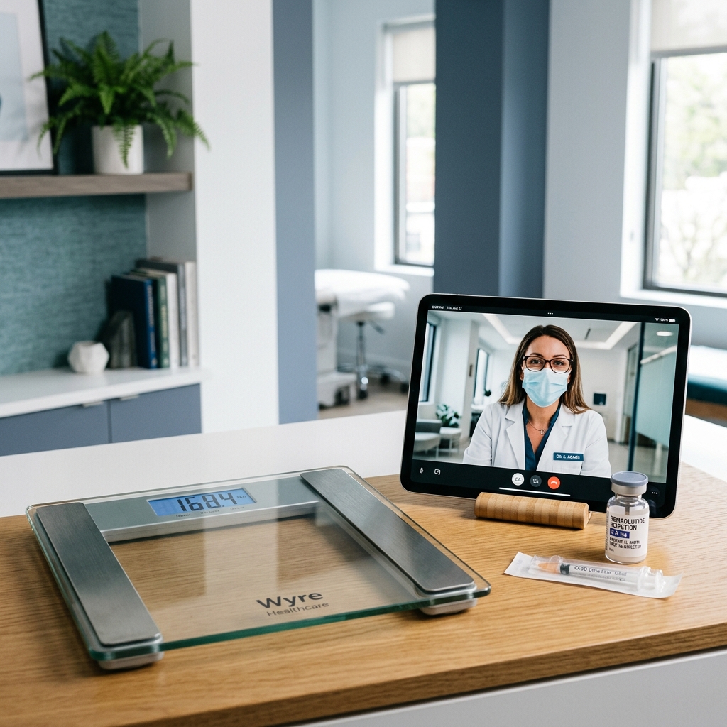 Telehealth weight loss comparison — scale, medication vial, and tablet