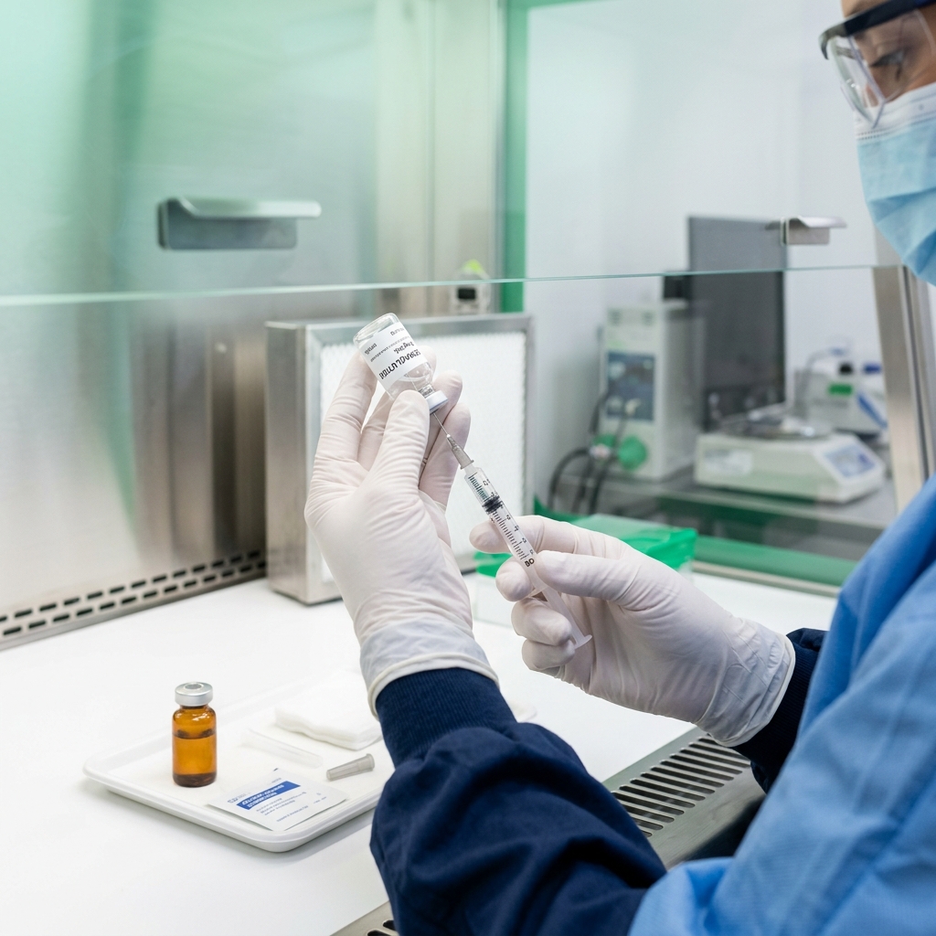 Pharmacist preparing compounded medication in sterile lab