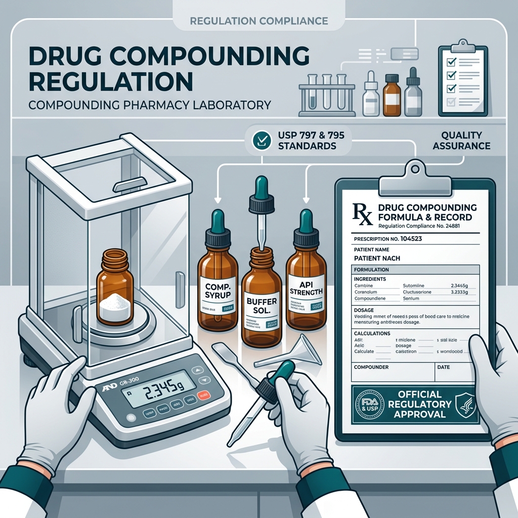 Pharmacy compounding scale, glass bottles, and prescription paperwork