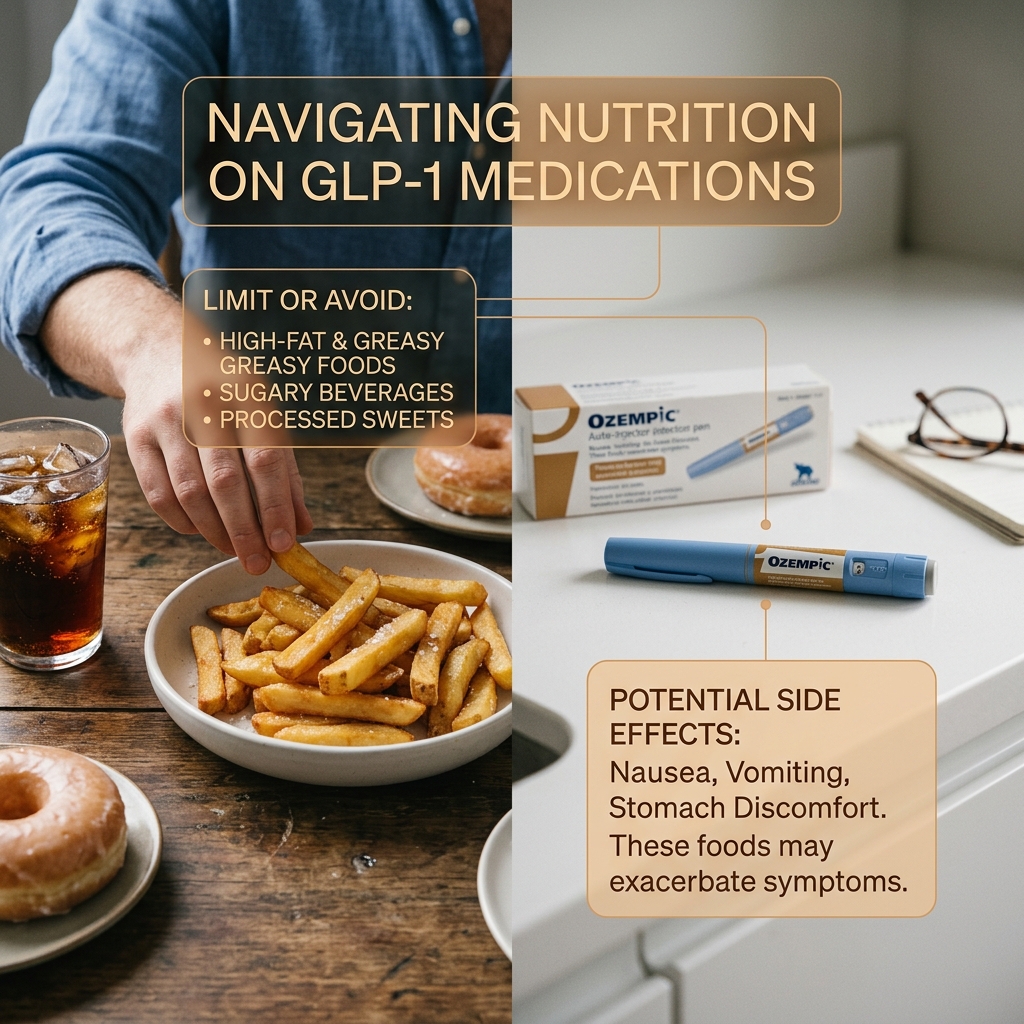 A visual representation of foods to avoid while on semaglutide or Ozempic