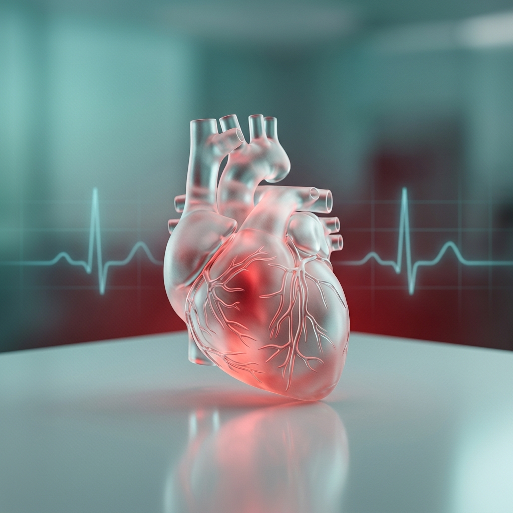Translucent glass anatomical heart model with ECG waveform representing GLP-1 cardiovascular benefits