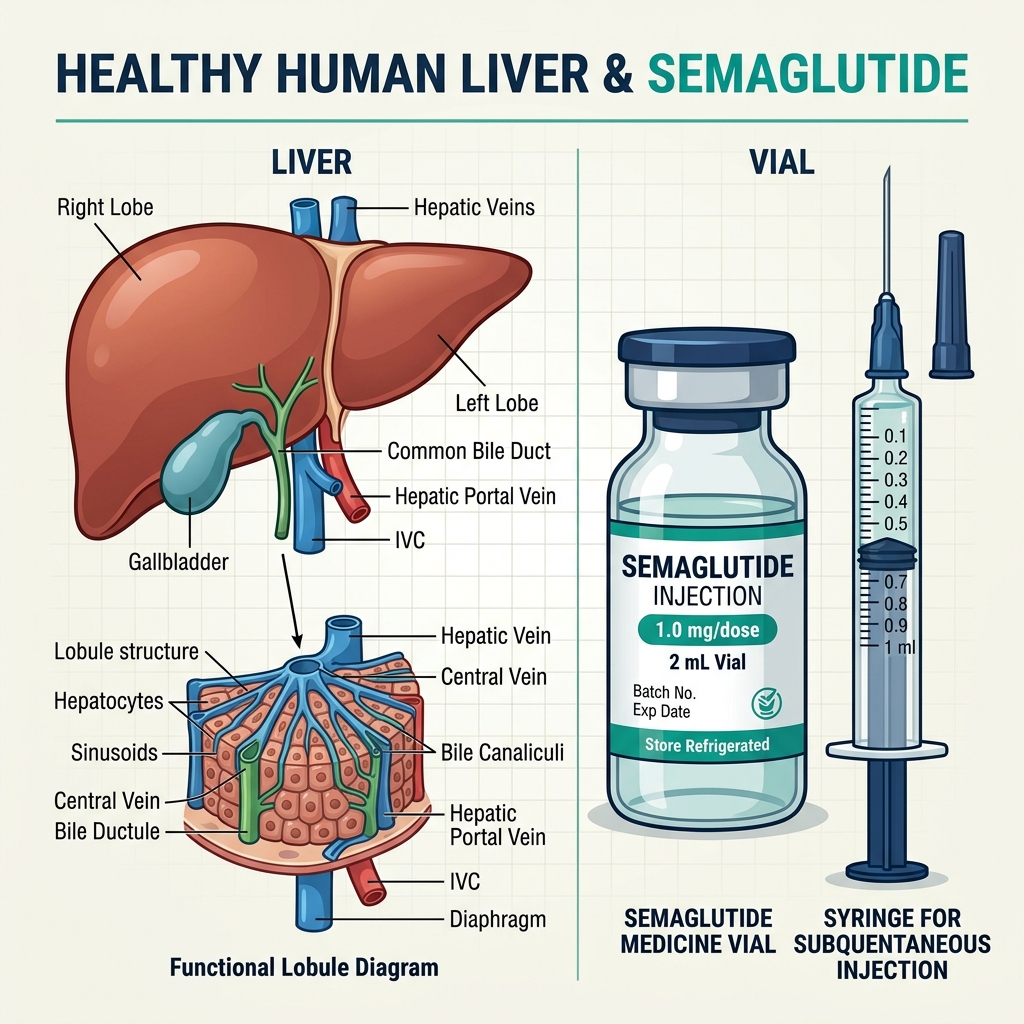 Medical healthy liver diagram next to semaglutide vial
