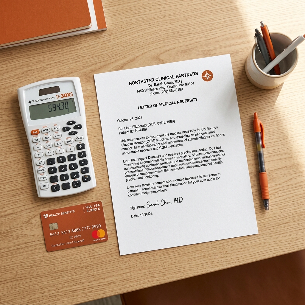 Clinical desk flat lay showing an HSA or FSA card, calculator, and Letter of Medical Necessity