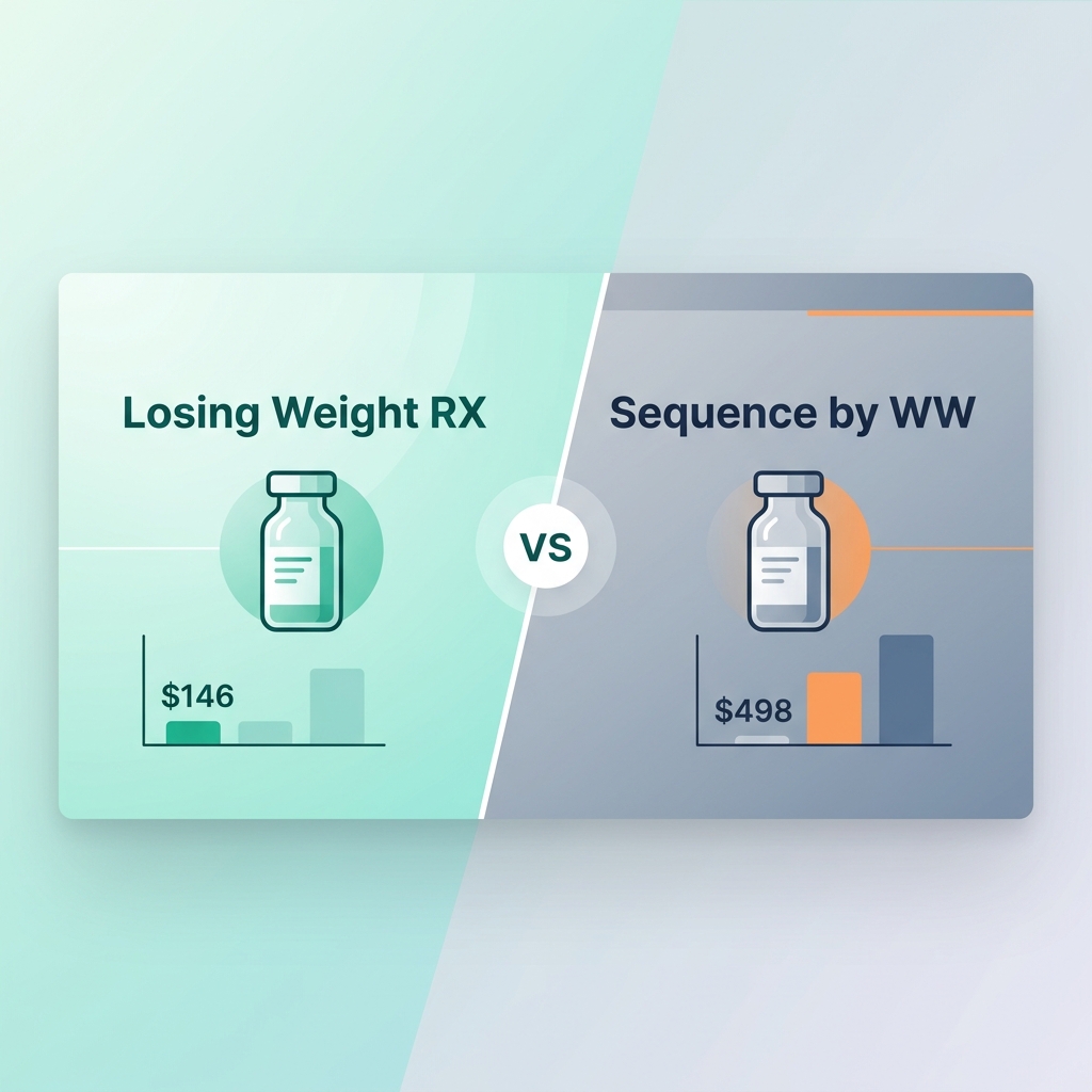 Losing Weight RX vs Sequence by WeightWatchers cost comparison showing $146 vs $498 monthly pricing