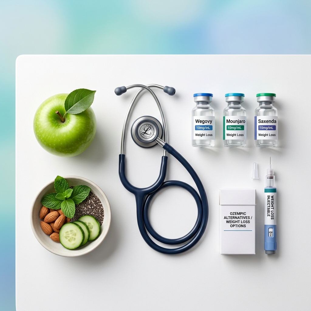 Clinical guide comparing Ozempic alternatives, featuring GLP-1 vials, prescription tablets, and cost analysis diagrams