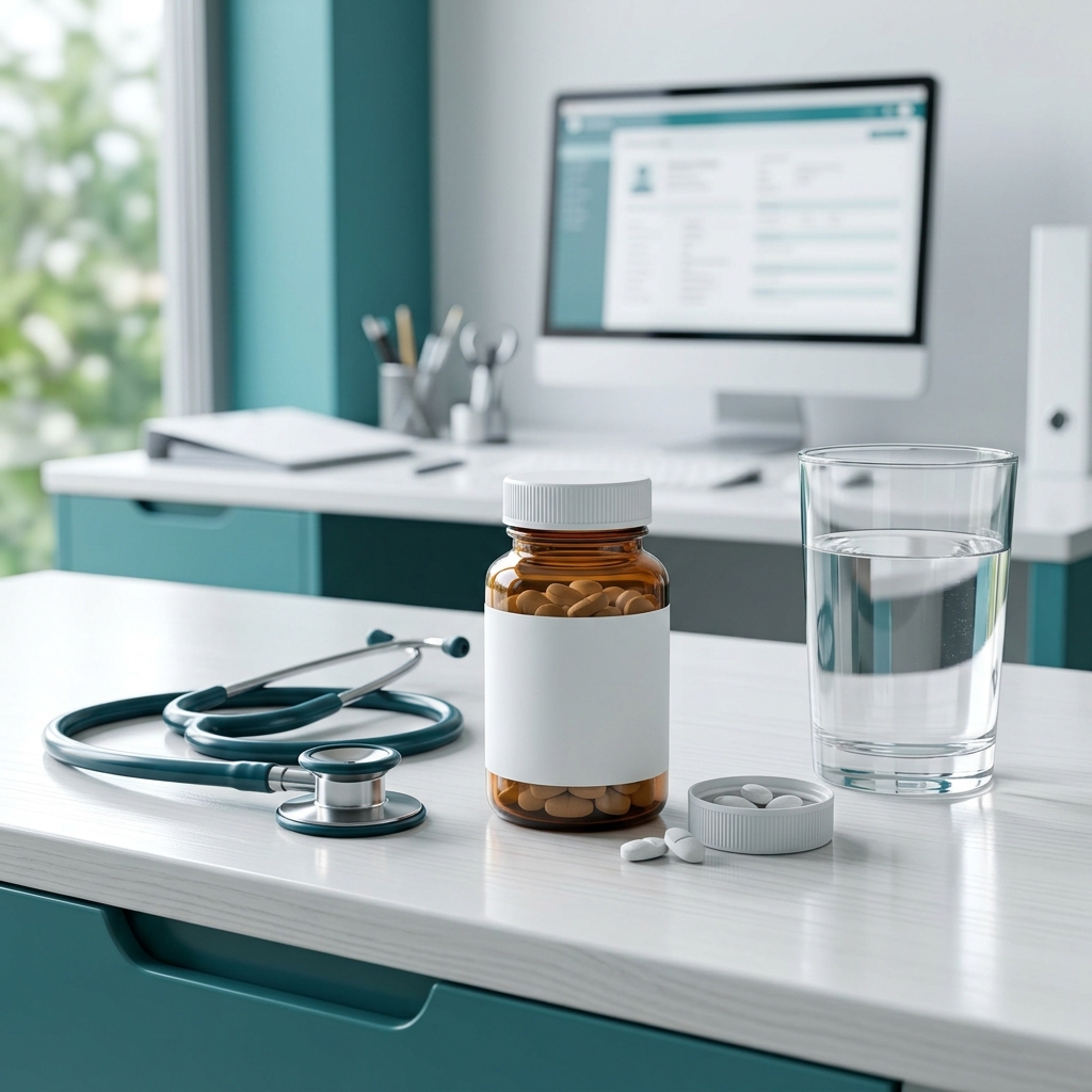 Clinical mockup of Rybelsus oral semaglutide tablets next to a glass of water and medical instruments representing weight management treatment options