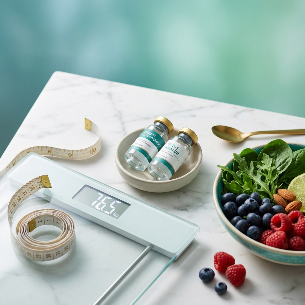 Weight loss medication alternatives with scale and healthy foods